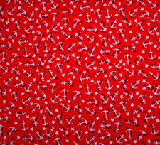 Nautical Fabric By The Half-Yard White Anchor Stars Navy Blue Rope on Red Cotton