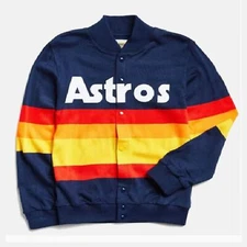 Women Houston Astros 1986 Kate Upton Rainbow Stripe Blue Fleece Jacket