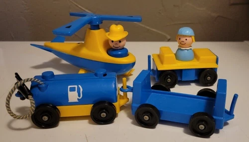 Vtg Fisher Price Little People Helicopter/Airport Cars-fuel, Luggage,...