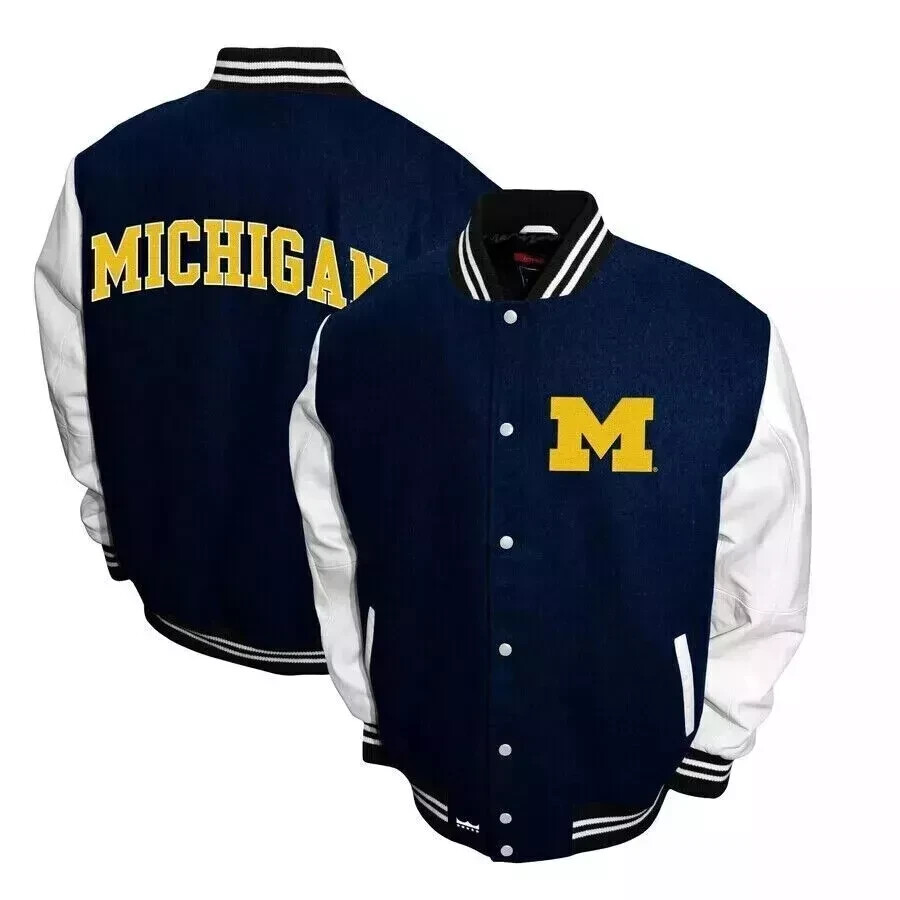 Letterman Michigan Wolverines Blue Wool and White Leather Bomber Varsity  Jacket