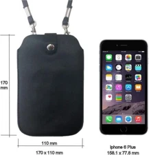 Leather Neck Pouch for iPhone Xs Max, 8 Plus & Other Smartphones (Style 3) - Bla