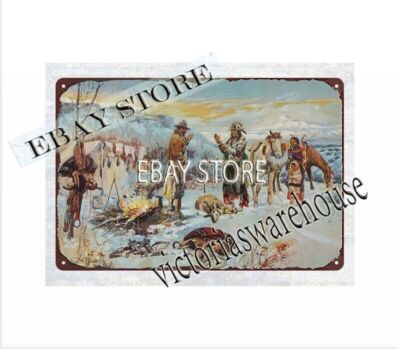The Wolfer's Camp native Indian Charles Marion Russell metal tin sign the plaque