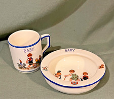Vintage Ceramic Child  s Baby Feeding Bowl  Cup, Czech- Early 20th Century