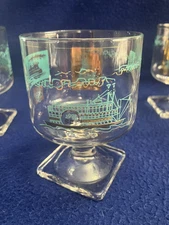 Qty 5 - Vntg. Southern Comfort On The Rocks Footed Aqua/Gold Glasses By Federal