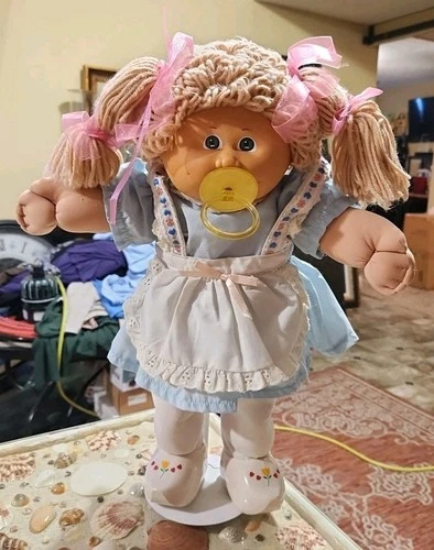 Cabbage Patch Kid Girl Doll #4 Paci Face Tan Wheat Poodle Hair,Green Eyes, Dress