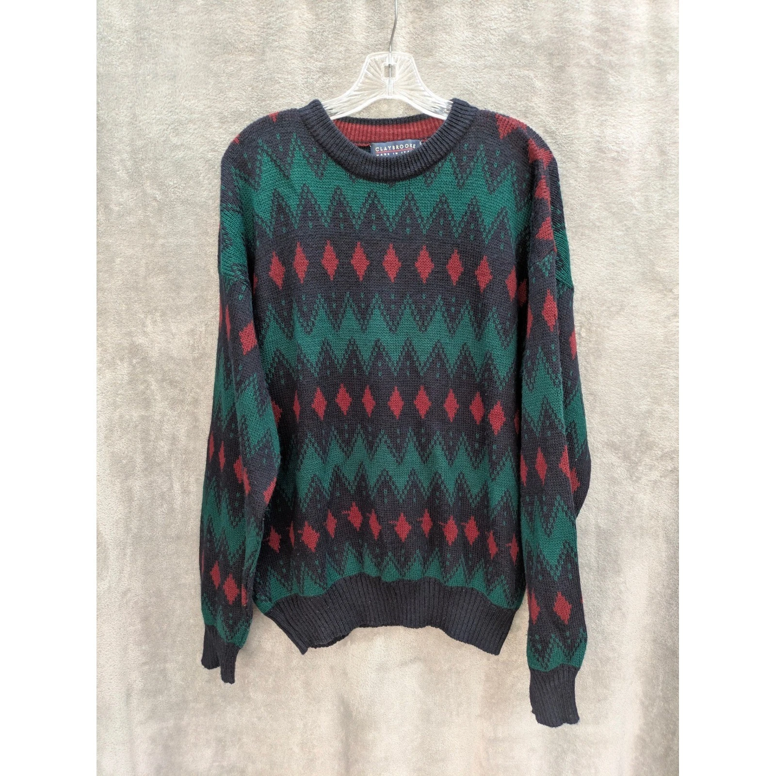 Claybrooke Sweater Mens Large Vintage Argyle Crewneck Wool Blend Made in Italy