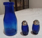 Vintage Cobalt Blue Glass Liberty Milk Pint Bottle (vase)+Salt Pepper Shaker