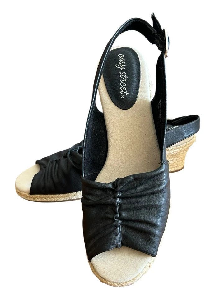 Easy Street Hebilla Correa Punta abierta Alpargata Tacones de cuña Mujer Talla 8.5M Negro Foto 4 de 4