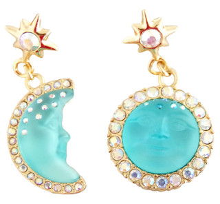 2" KIRKS FOLLY BLUE SEAVIEW MOON FACE AB CRYSTAL RHINESTONE DROP DANGLE EARRINGS