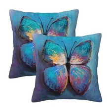 Blue Butterfly Throw Pillow Covers Decorative Linen Pillow Cases Set of 2