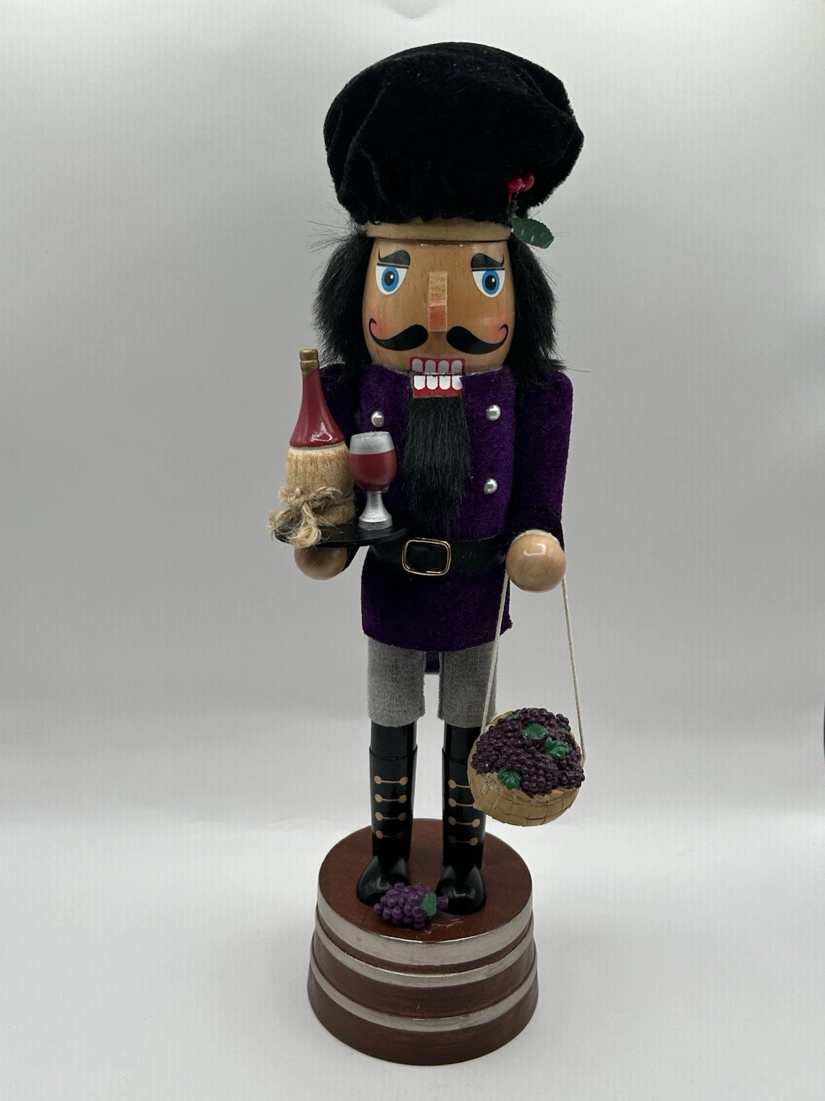 15" Nutcracker Wine Maker Purple Jacket Wine Bottle Grapes Wood