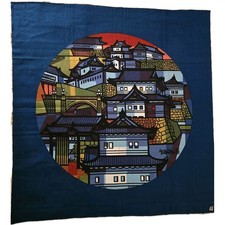 Clifton Karhu Block Art Fabric Print 1960s Japanese Village Scene 35.75" x 37.5"