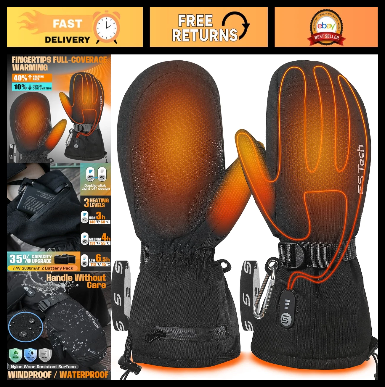 Rechargeable Heated Gloves Mittens for Men & Women - Waterproof, Wear-Resistant,