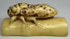 Japanese Hand Carved Netsuke Cicada/Grasshopper On Bamboo Resin 2”x1”x1”