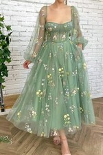Puffy Sleeve Prom Dress Green Floral Corset Fairy Fairytale Princess Sz. L
