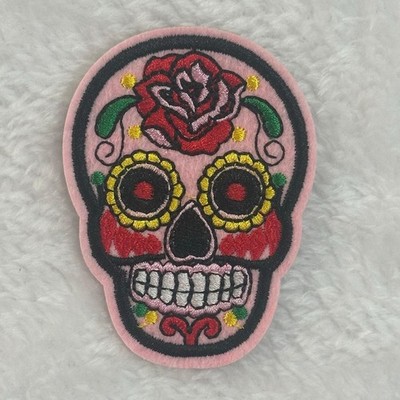 Sugar Skull Patch Unisex Pink Embroidered Iron On Day of the Dead Rose