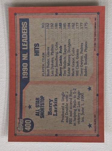 1991 Topps #400 Barry Larkin Cincinnati Reds - Picture 2 of 2