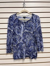 Talbots Lightweight Blue Paisley Sweater with Scallop Neckline Size Large
