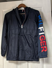Tommy Hilfiger Boys Hooded Zip Windbreaker Jacket Navy Logo Pockets M 12/14