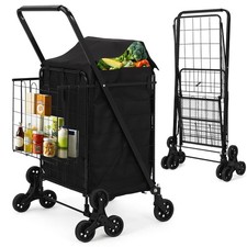 Folding Utility Shopping Cart with Double Basket  Swivel Wheels Easy Transport