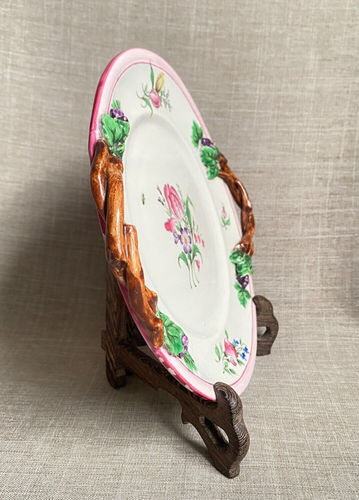 Rare Antique c1890 French Luneville Pottery Leaf Branch Handle Plate Tiny Insect - 第 3/23 張圖片
