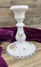 Gorgeous Fenton Silver Crest Candle Sticks Violet Purple Flowers Milk Glass 💜
