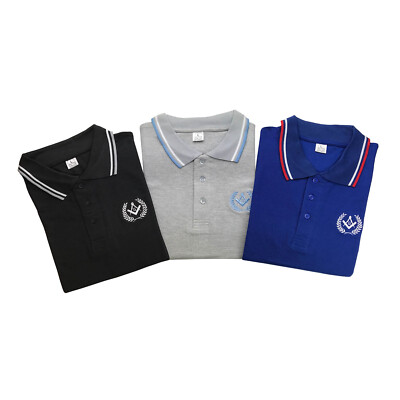 Freimaurer Golf Poloshirt mit quadratischem Kompass & G Sticklogo schwarz/grau/blau
