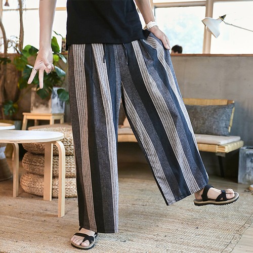 Mens Linen Cotton Striped Pants Ethnic 