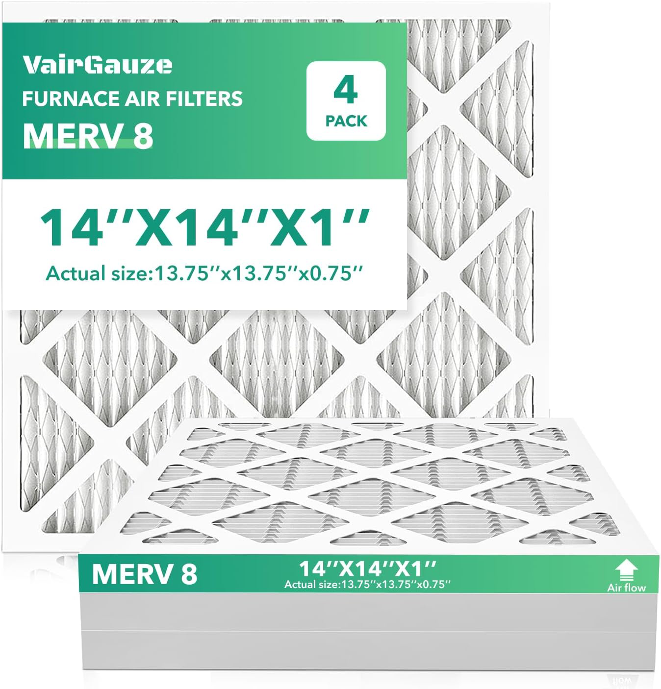 14x14 MERV 8 Air Filter 4-Pack Pleated HVAC Replacement 600 MPR