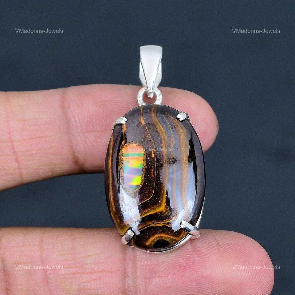 925 Silver Oval Natural Ethopian Opal In Boulder Opal Wife Bezel Pendant Jewelry - Image 3 of 4
