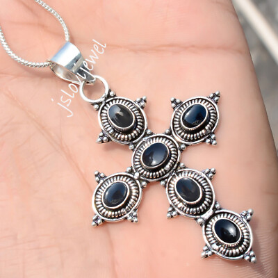 Black Onyx Gemstone Cross 925 Sterling Silver Handmade Festival Jewelry Pendant
