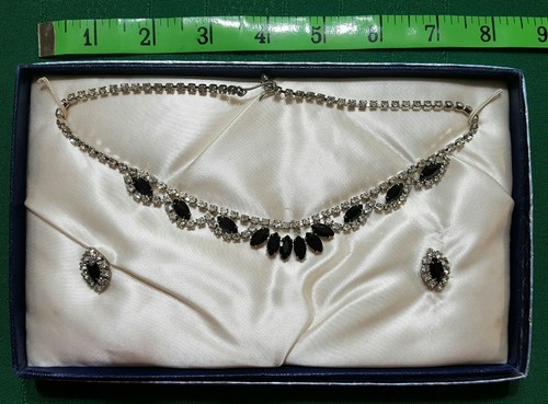Vintage Rhinestone & Black Stone Necklace & Earrings Set