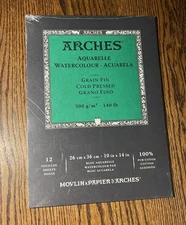 Arches Watercolor Cold Pressed Paper Pad, 300g/m2, 140 pound, 12 sheets 10x14"