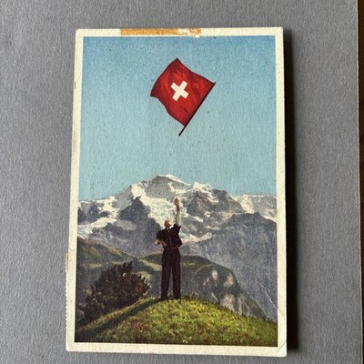 Switzerland 1957 POSTCARD Tourist attraction man twirling Swiss Flag Thor Geyer