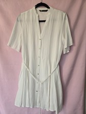 ZARA white short Sleeved Dress square metal buttons braided belt Size S  