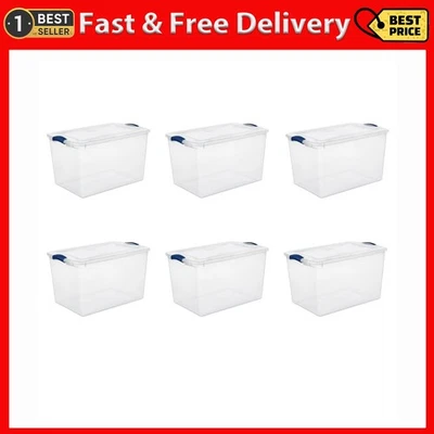STERILITE CORPORATION 66 Quart Latch Box, Clear Plastic Storage Bin with Clear Lid, Blue, 6 Count
