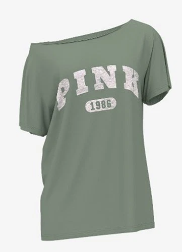 VICTORIA'S SECRET PINK Campus Cotton OFF The Shoulder TEE S Wild Thyme OVERSIZED