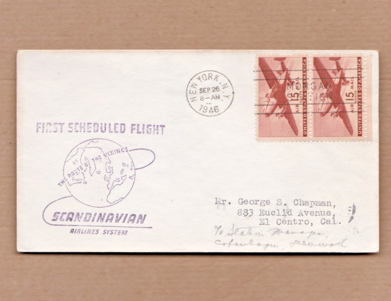 US First Flight Cover, Sc #C28 New York to Copenhagen, Denmark, Sept. 26, 1946