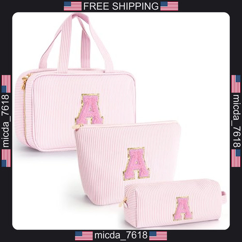 Personalized Pink Travel Cosmetic Bag Set Custom Initial Makeup Organizer Pouch