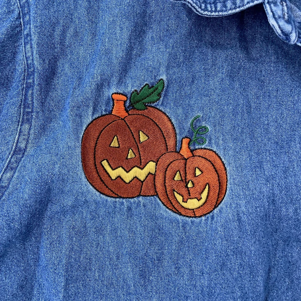 Halloween Pumpkin Cat Denim Shirt Womens 2X Button Up Long Sleeve Embroidered - Image 3 of 4