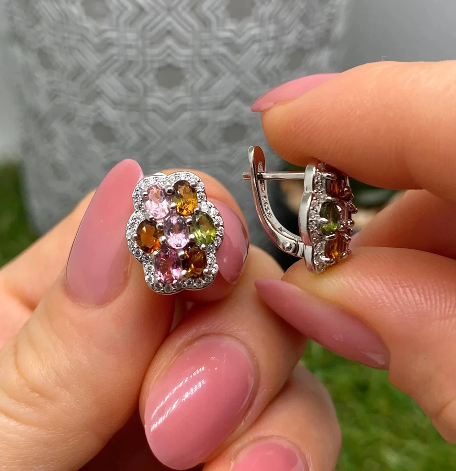 Pendientes de turmalina piedras preciosas naturales, plata de ley 925 Foto 2 de 3