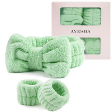 Green Spa Headband and Wristband Set for Skincare Makeup Headband Wrist Cuffs fo