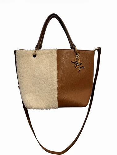 Anne Klein Brown Cream Tote Bag Snap Zip Closure Detachable Strap Pockets Gold