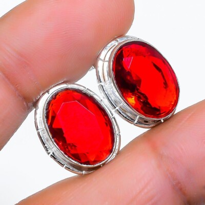 Red Garnet Gemstone Handmade 925 Sterling silver Stud Earring Size 0.75''