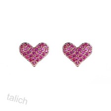 Shiny Rose Gold Plated Hot Pink Fuchsia CZ Pave Small Heart Stud Earrings Cute 
