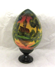 Vintage Black Russian Hand Painted Lacquer Wood Egg Church w/ Stand Signed