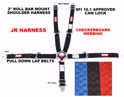 JR DRAGSTER HARNESS 2'' SFI 16.1 PULL DOWN LAP BELT CAM LOCK BLACK CHECKERBOARD