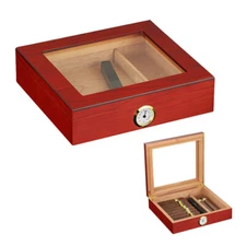 Red Holder 25 Cigar Humidor Storage Box Desktop Glasstop Humidifier Hygrometer