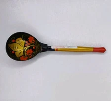 Vintage Russian Artist Hand Painted Floral Wood Dipper Wooden Spoon