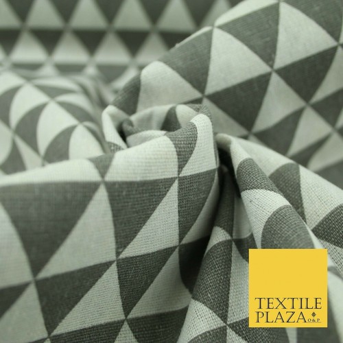 Grey White Geometric Triangle Design Printed 100% Cotton Linen Fabric 60" Wide - Picture 5 of 5